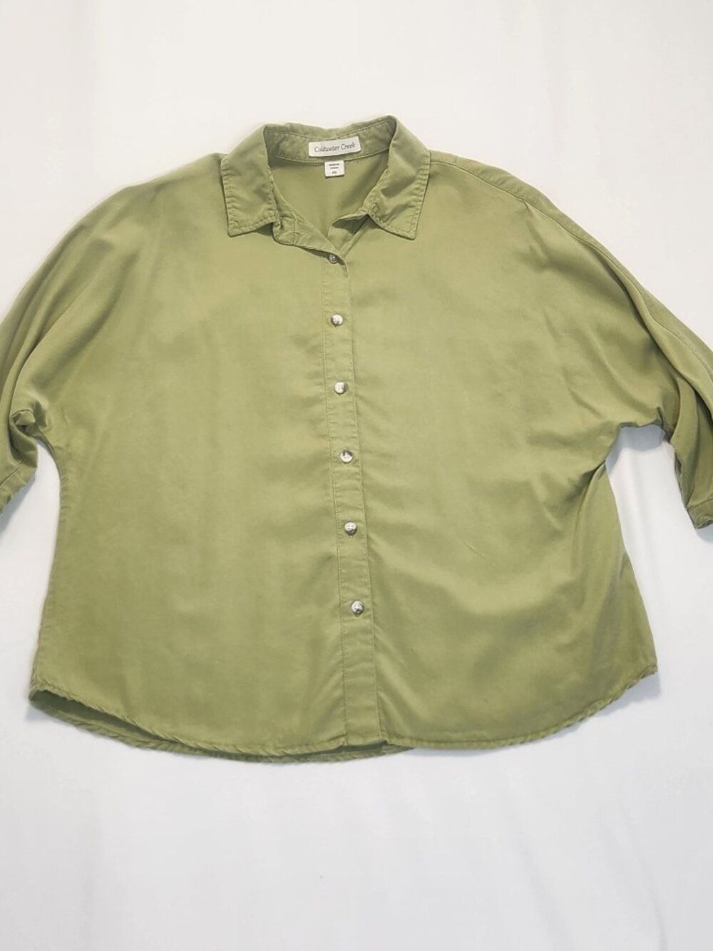 Coldwater Creek Lyocell Button Up Shirt Womens PS Petite S Green Dolman Blouse